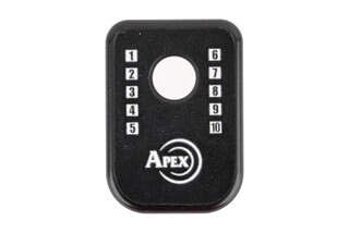 The Apex J-Plate Glock Magazine base pad is machined from aluminum and black anodized